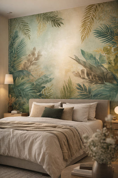 Sand-toned Japandi tropical foliage featuring palm leaves - Wall Mural Peel and Stick Wallpaper for Japandi Master Bedroom.