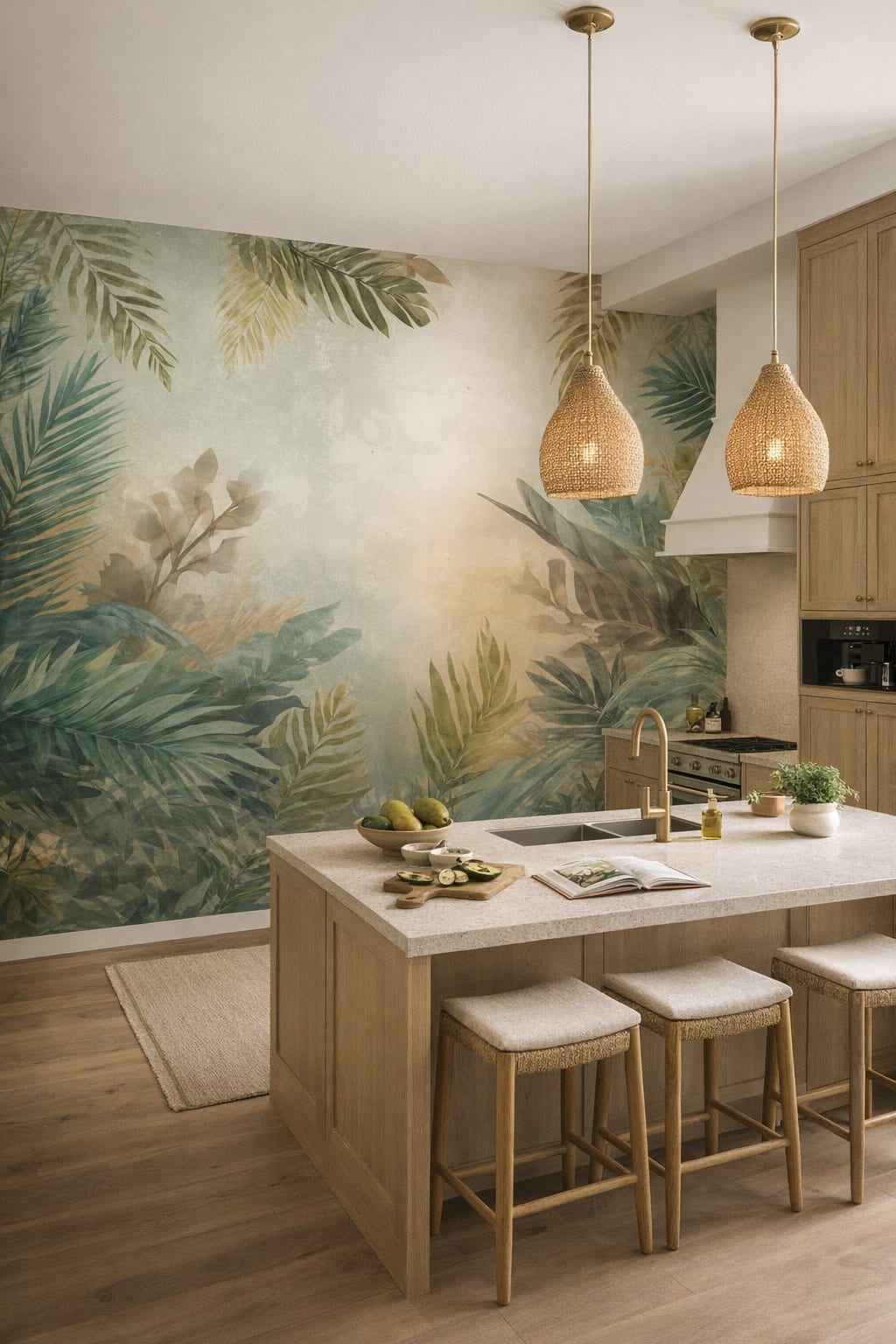 Biophilic green-neutral tropical foliage featuring palm leaves - Wall Mural Peel and Stick Wallpaper for Biophilic Design High-end Kitchen.