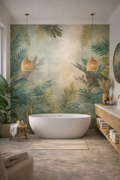 Tropical Modern white-green tropical foliage featuring palm leaves - Wall Mural Peel and Stick Wallpaper for Tropical Modern Luxury Bathroom.