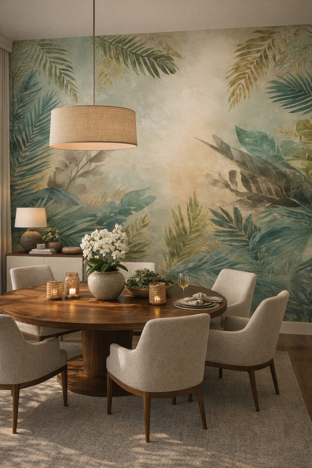Resort Style sand-white tropical foliage featuring palm leaves - Wall Mural Peel and Stick Wallpaper for Resort Style Formal Dining Room.