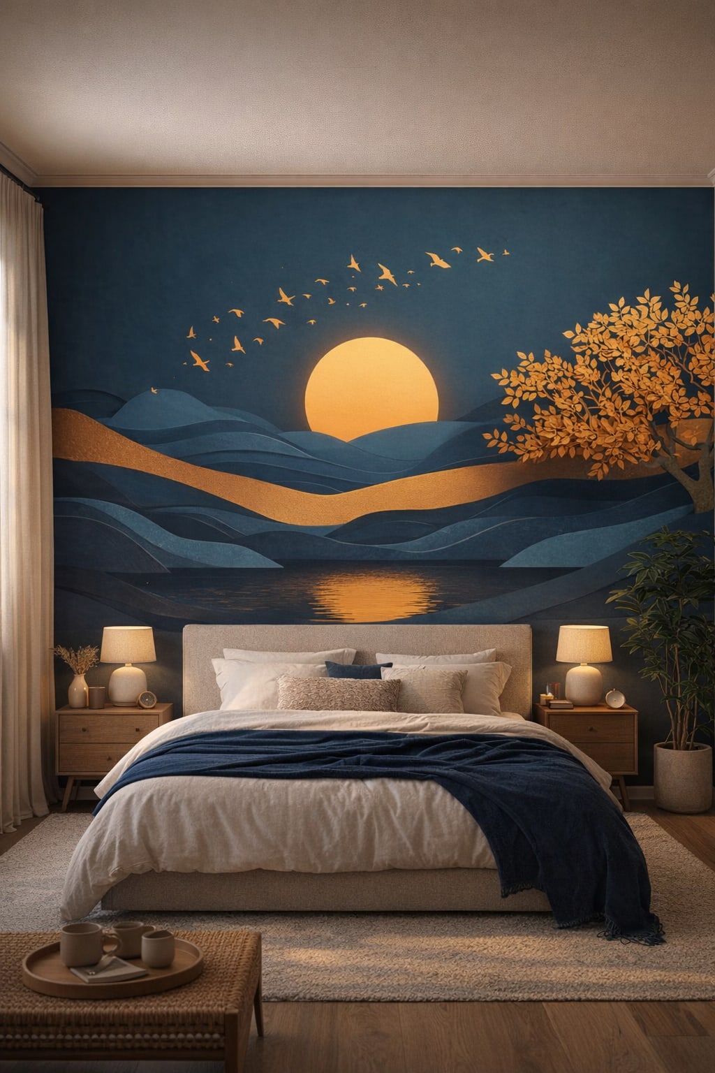 Japandi charcoal - sunset landscape featuring water reflection - Wall Mural Peel and Stick Wallpaper for Japandi Master Bedroom.