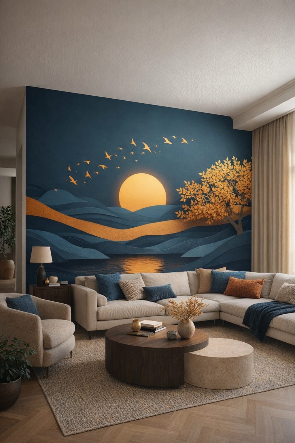 Cream-sand Organic Modern sunset landscape featuring flying birds - Wall Mural Peel and Stick Wallpaper for Organic Modern Living Room.