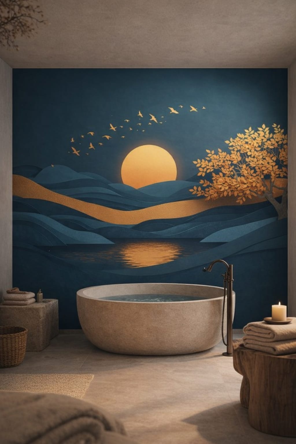 Wabi-sabi muted earth tones sunset landscape featuring flying birds - Wall Mural Peel and Stick Wallpaper for Wabi-sabi Luxury Bathroom.