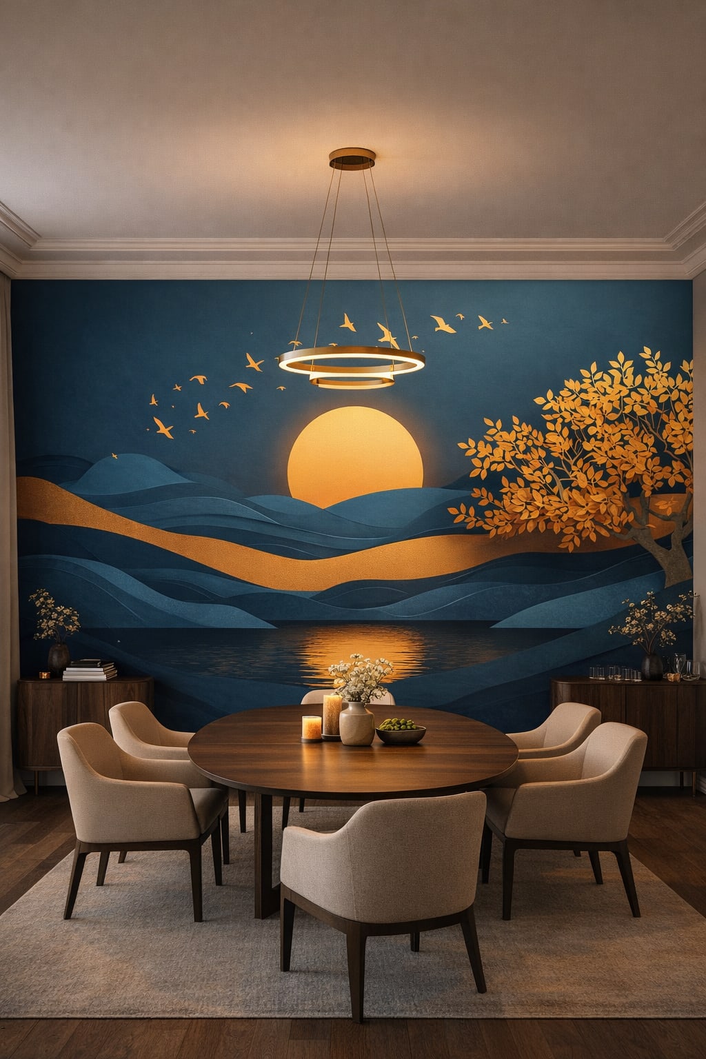 Neutral stone luxury sunset landscape featuring flying birds - Wall Mural Peel and Stick Wallpaper for Luxury Contemporary Formal Dining Room.