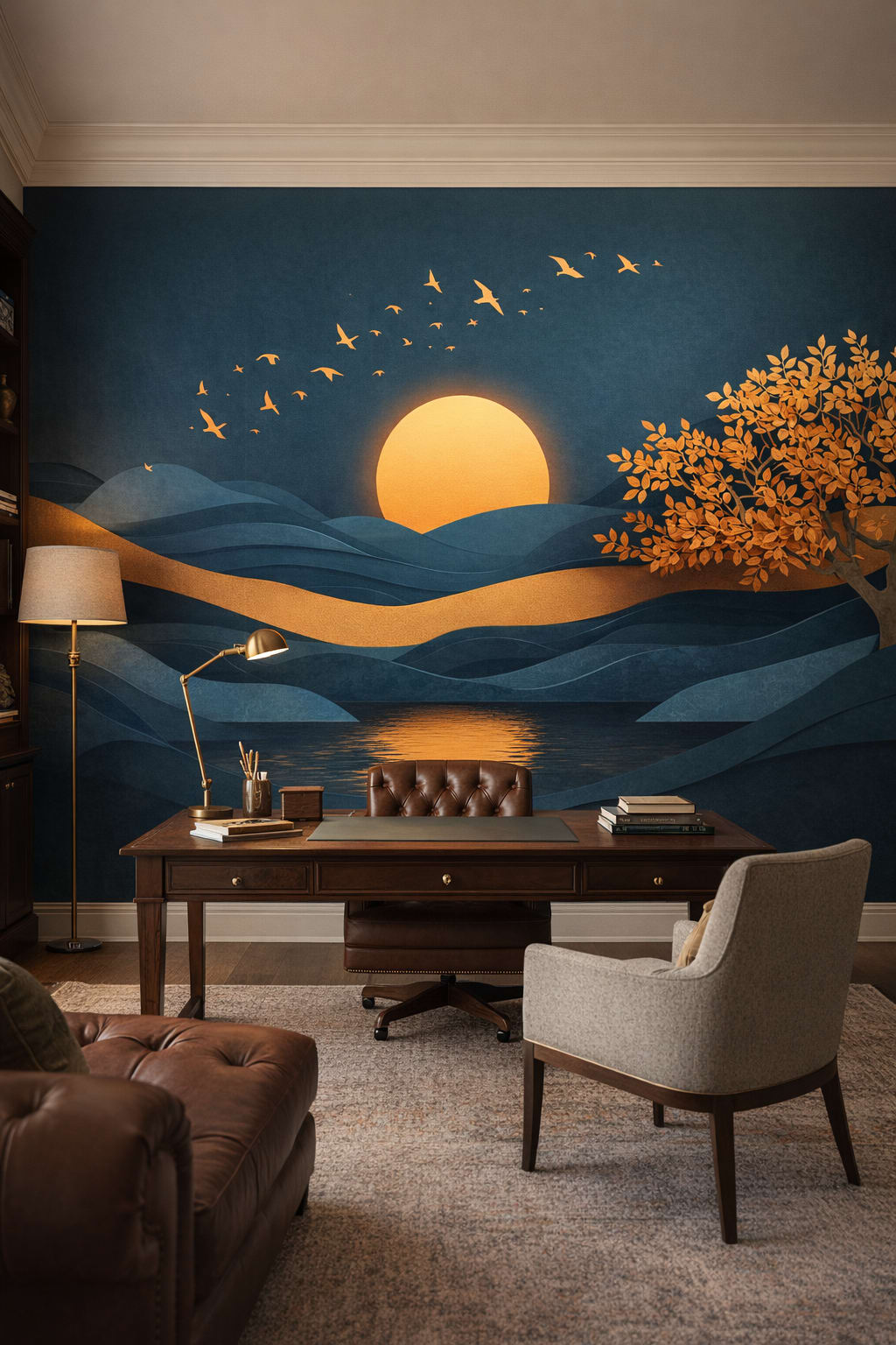 Modern Classic cream-warm gray sunset landscape featuring flying birds - Wall Mural Peel and Stick Wallpaper for Modern Classic Executive Home Office.