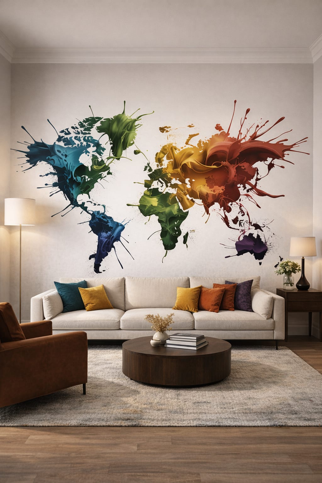 Contemporary neutral-accent world map featuring paint splashes - Wall Mural Peel and Stick Wallpaper for Contemporary Living Room.