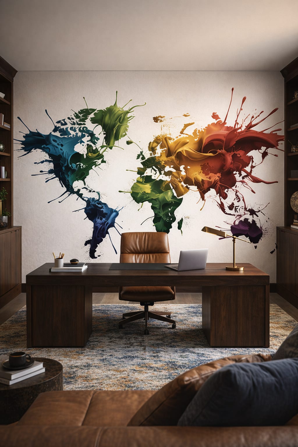 Modern (Modernist), monochrome world map featuring paint splashes - Wall Mural Peel and Stick Wallpaper for Modern (Modernist) Executive Home Office.