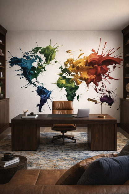 Modern (Modernist), monochrome world map featuring paint splashes - Wall Mural Peel and Stick Wallpaper for Modern (Modernist) Executive Home Office.