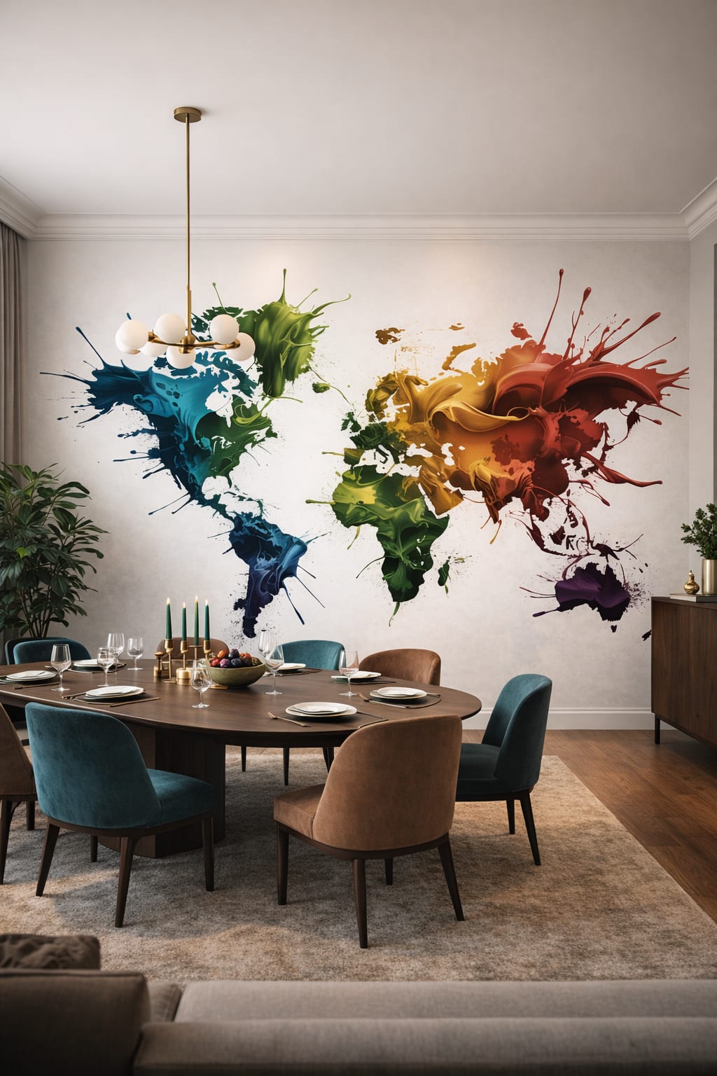 Neutral stone luxury world map featuring paint splashes - Wall Mural Peel and Stick Wallpaper for Luxury Contemporary Formal Dining Room.