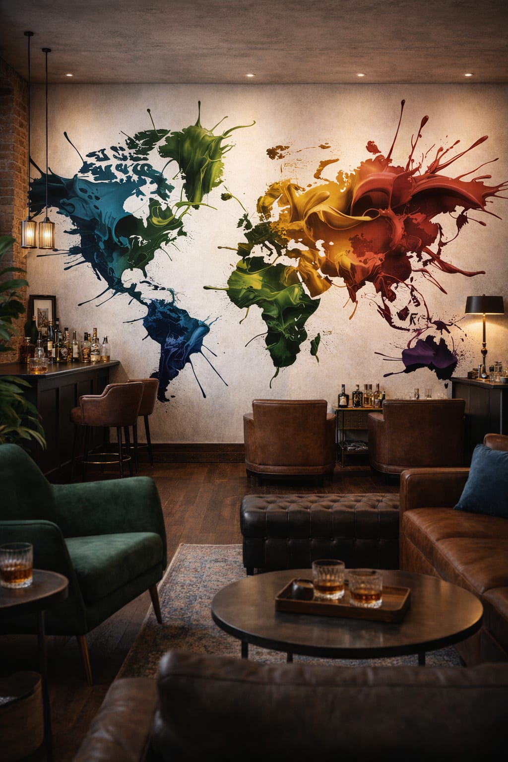 Industrial Loft, charcoal gray world map featuring paint splashes - Wall Mural Peel and Stick Wallpaper for Industrial Loft Bar/Lounge.
