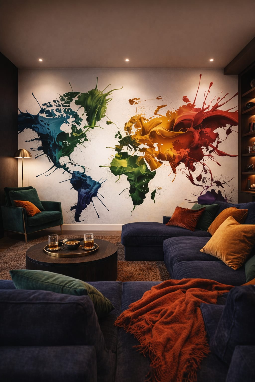 Maximalist jewel-toned world map featuring paint splashes - Wall Mural Peel and Stick Wallpaper for Maximalist Media Room.