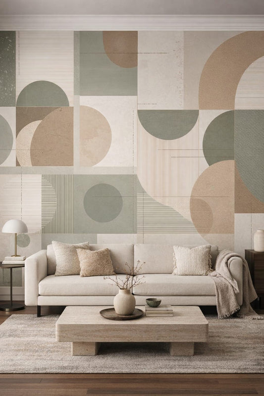 Bauhaus modern, white-primary geometric blocks featuring arch shapes - Wall Mural Peel and Stick Wallpaper for Bauhaus Living Room.