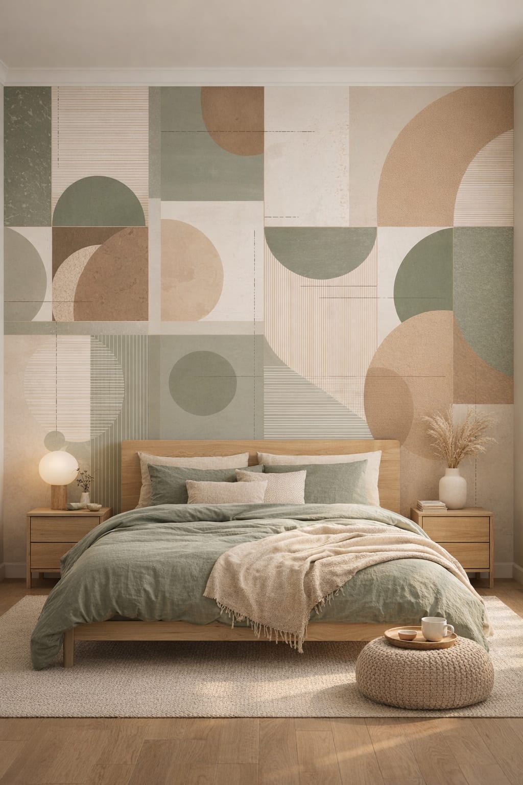 Japandi sand-toned geometric blocks featuring circle motifs - Wall Mural Peel and Stick Wallpaper for Japandi Master Bedroom.