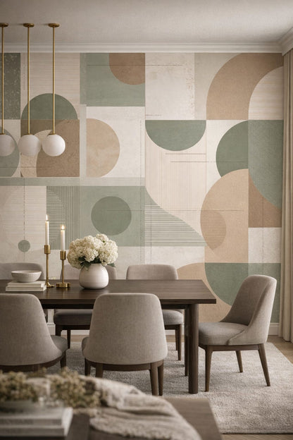 Quiet Luxury greige geometric blocks featuring linework grids - Wall Mural Peel and Stick Wallpaper for Quiet Luxury Formal Dining Room.