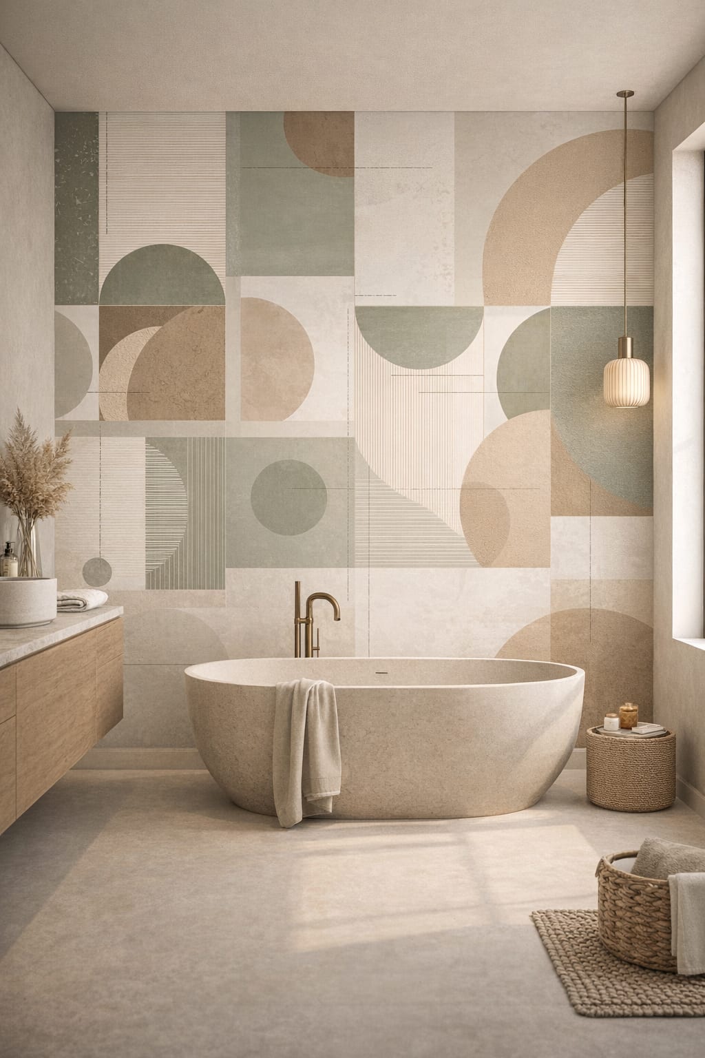 Organic Modern cream-sand geometric blocks featuring arch shapes - Wall Mural Peel and Stick Wallpaper for Organic Modern Luxury Bathroom.