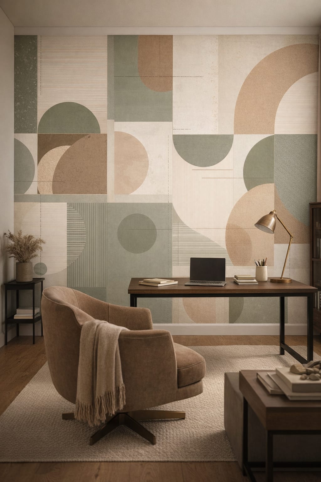 Soft Industrial greige geometric blocks featuring arch shapes - Wall Mural Peel and Stick Wallpaper for Soft Industrial Executive Home Office.