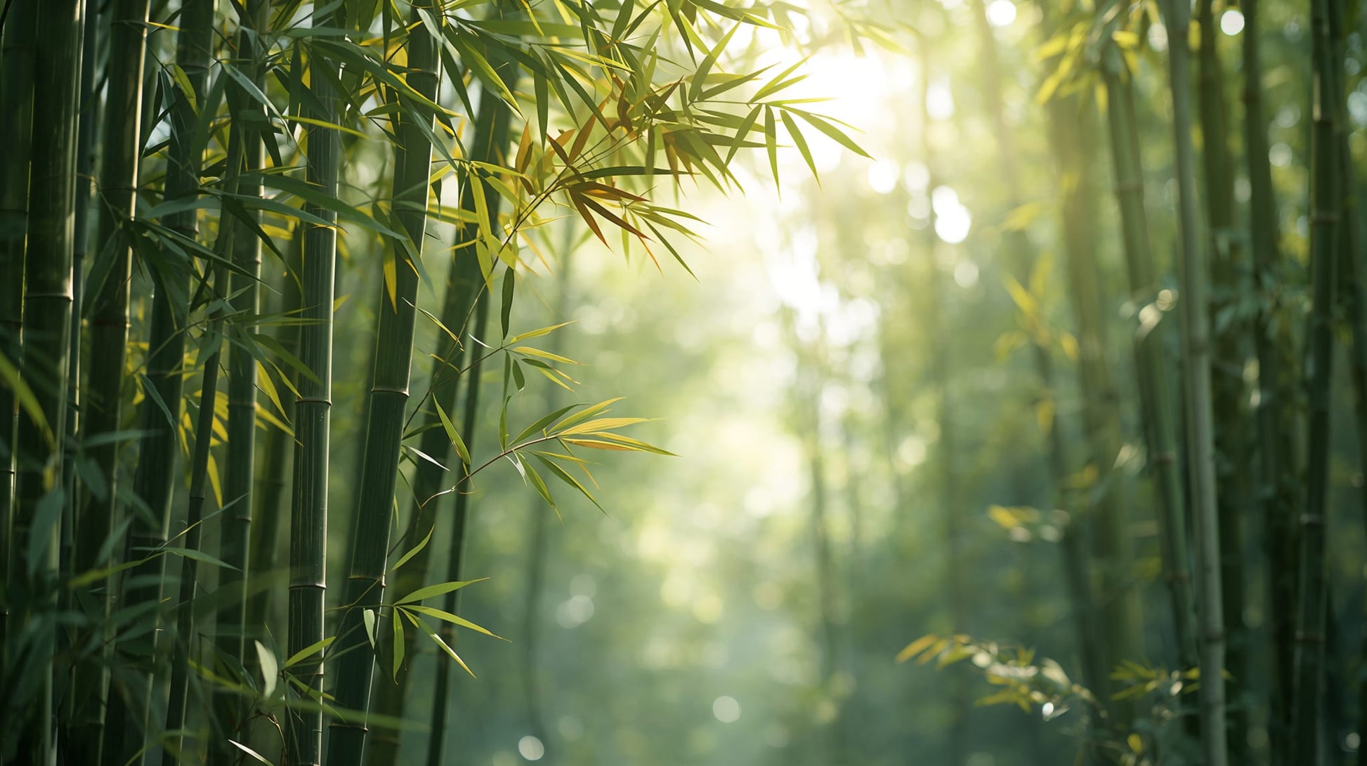 Serene airy Green bamboo forest featuring sunbeams and bamboo leaves - Wall Mural & Peel and Stick Wallpaper for Zen Interiors and Premium Home Styling.