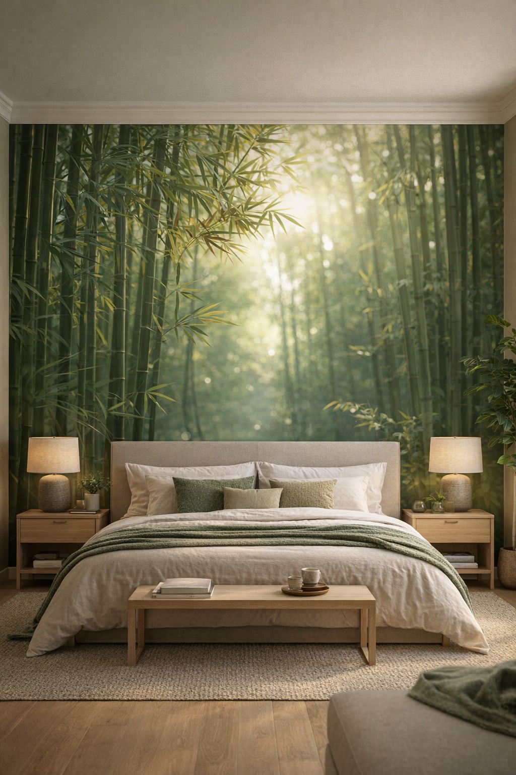 Zen neutral bamboo forest featuring sunbeams - Wall Mural Peel and Stick Wallpaper for Zen Master Bedroom.