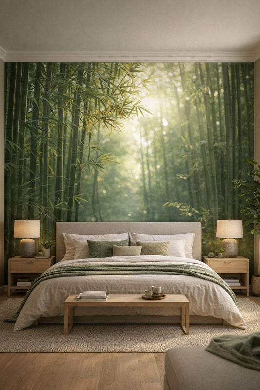 Zen neutral bamboo forest featuring sunbeams - Wall Mural Peel and Stick Wallpaper for Zen Master Bedroom.