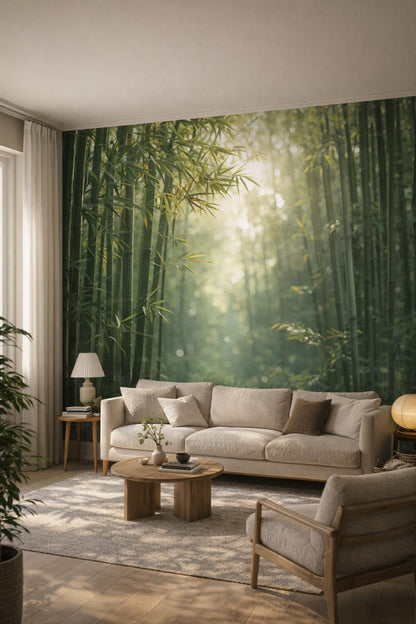 Serene sand-toned bamboo forest featuring sunbeams - Wall Mural Peel and Stick Wallpaper for Japandi Living Room.