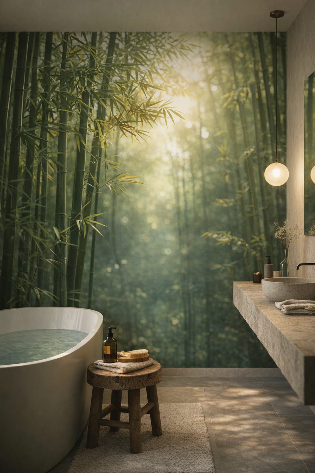 Wabi-sabi muted earth-tone bamboo forest featuring sunbeams - Wall Mural Peel and Stick Wallpaper for Wabi-sabi Luxury Bathroom.