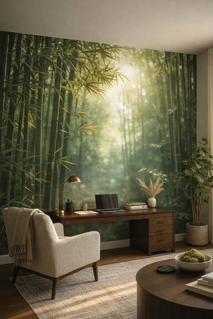 Organic Modern cream-sand bamboo forest featuring sunbeams - Wall Mural Peel and Stick Wallpaper for Organic Modern Executive Home Office.