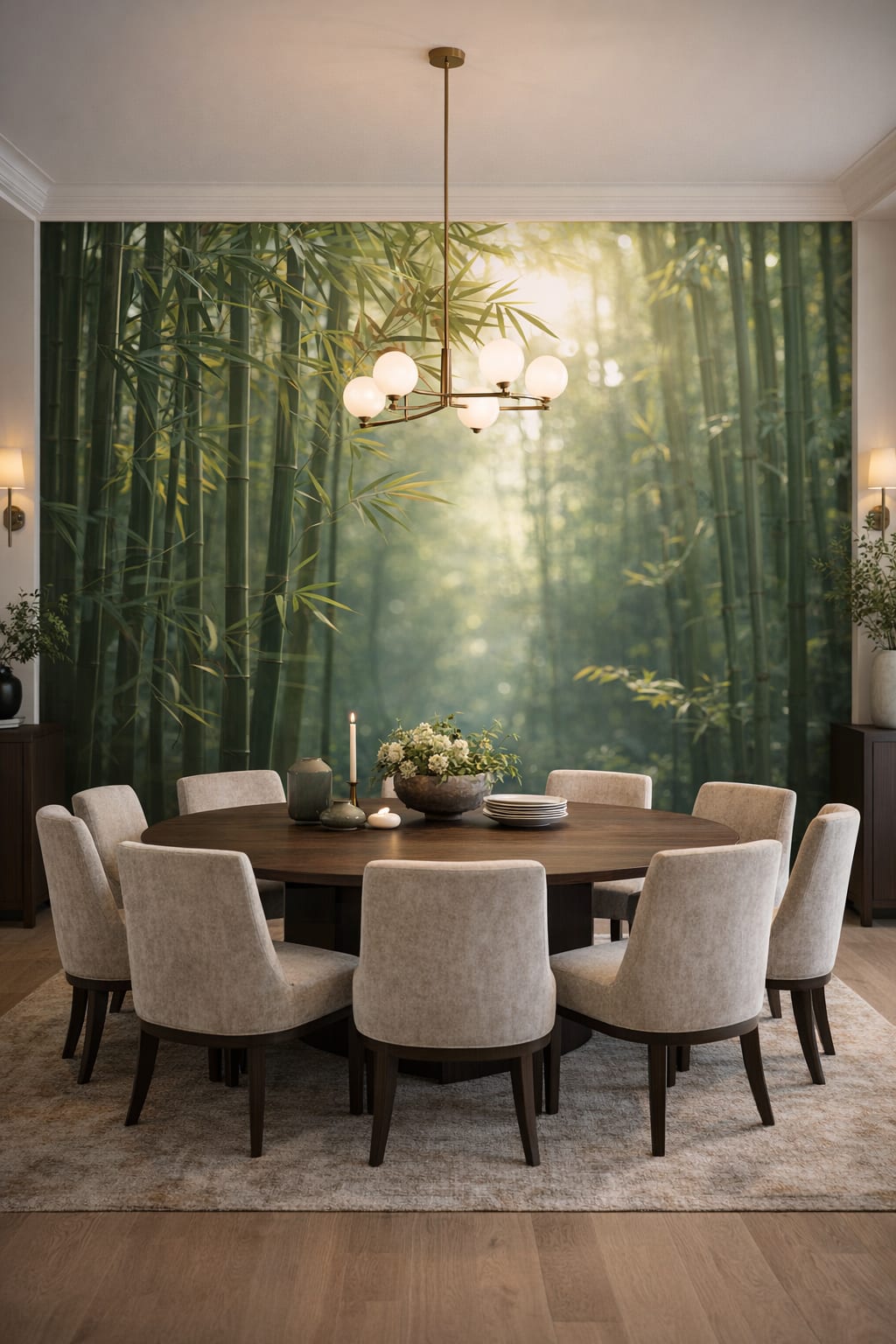 Luxury Contemporary neutral-stone bamboo forest featuring sunbeams - Wall Mural Peel and Stick Wallpaper for Luxury Contemporary Formal Dining Room.