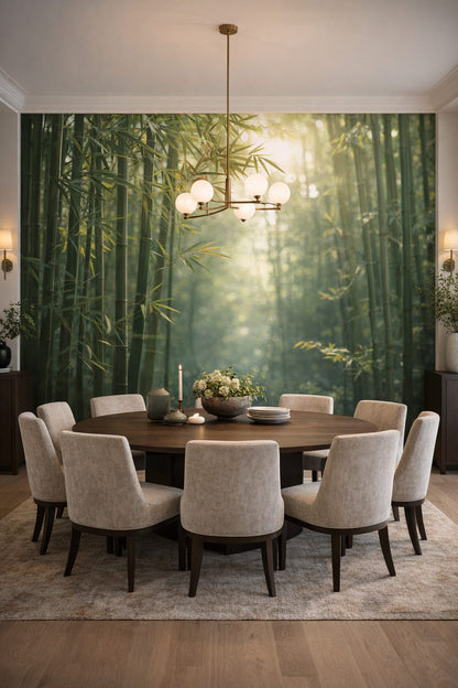 Luxury Contemporary neutral-stone bamboo forest featuring sunbeams - Wall Mural Peel and Stick Wallpaper for Luxury Contemporary Formal Dining Room.