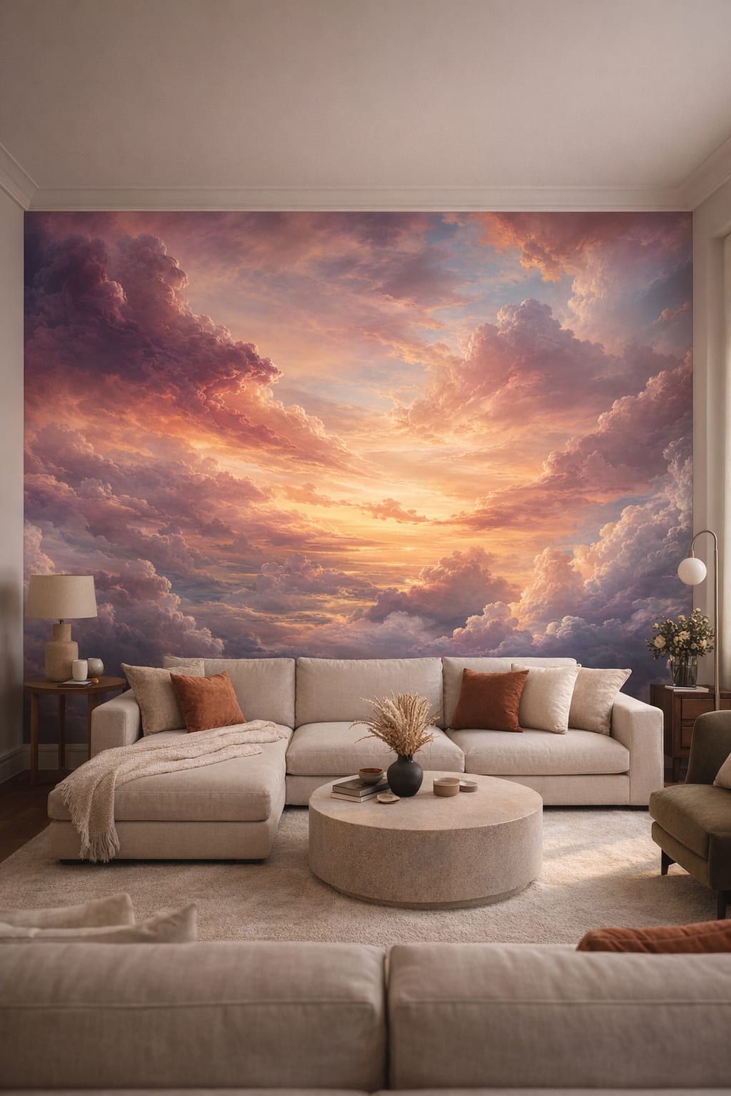 Cream sand Organic Modern sunset cloudscape - Wall Mural Peel and Stick Wallpaper for Organic Modern Living Room.