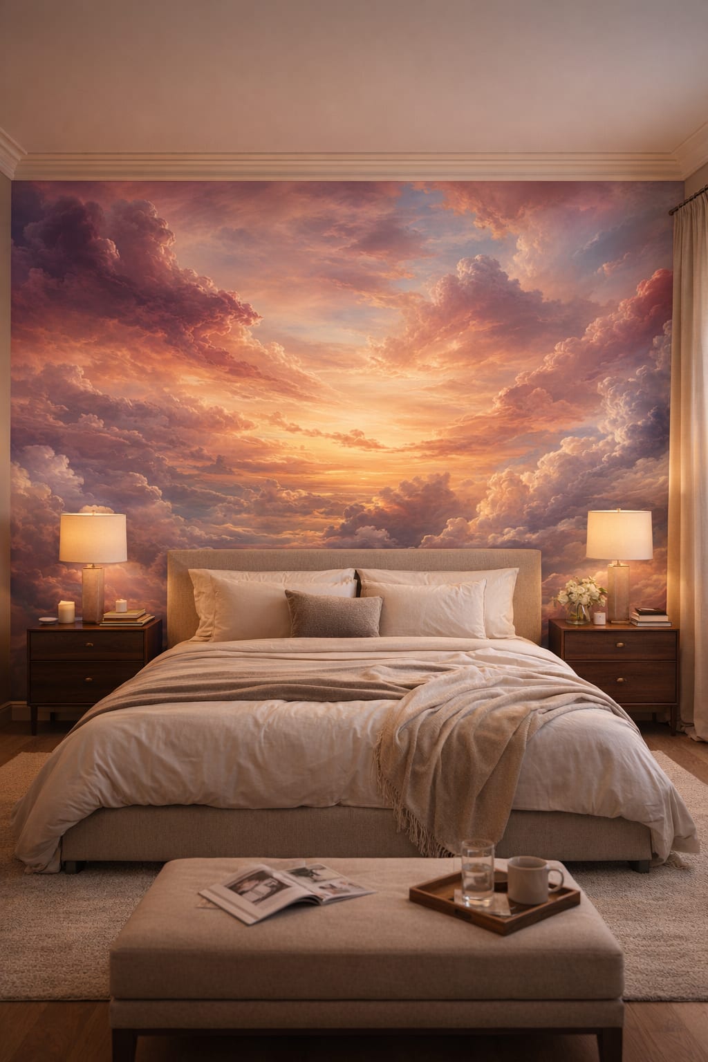 Quiet Luxury greige sunset cloudscape - Wall Mural Peel and Stick Wallpaper for Quiet Luxury Master Bedroom.