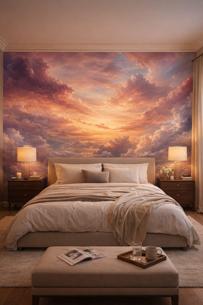Quiet Luxury greige sunset cloudscape - Wall Mural Peel and Stick Wallpaper for Quiet Luxury Master Bedroom.