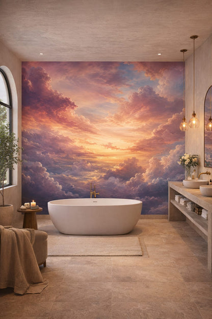 Sand-toned Mediterranean Modern sunset cloudscape - Wall Mural Peel and Stick Wallpaper for Mediterranean Modern Luxury Bathroom.
