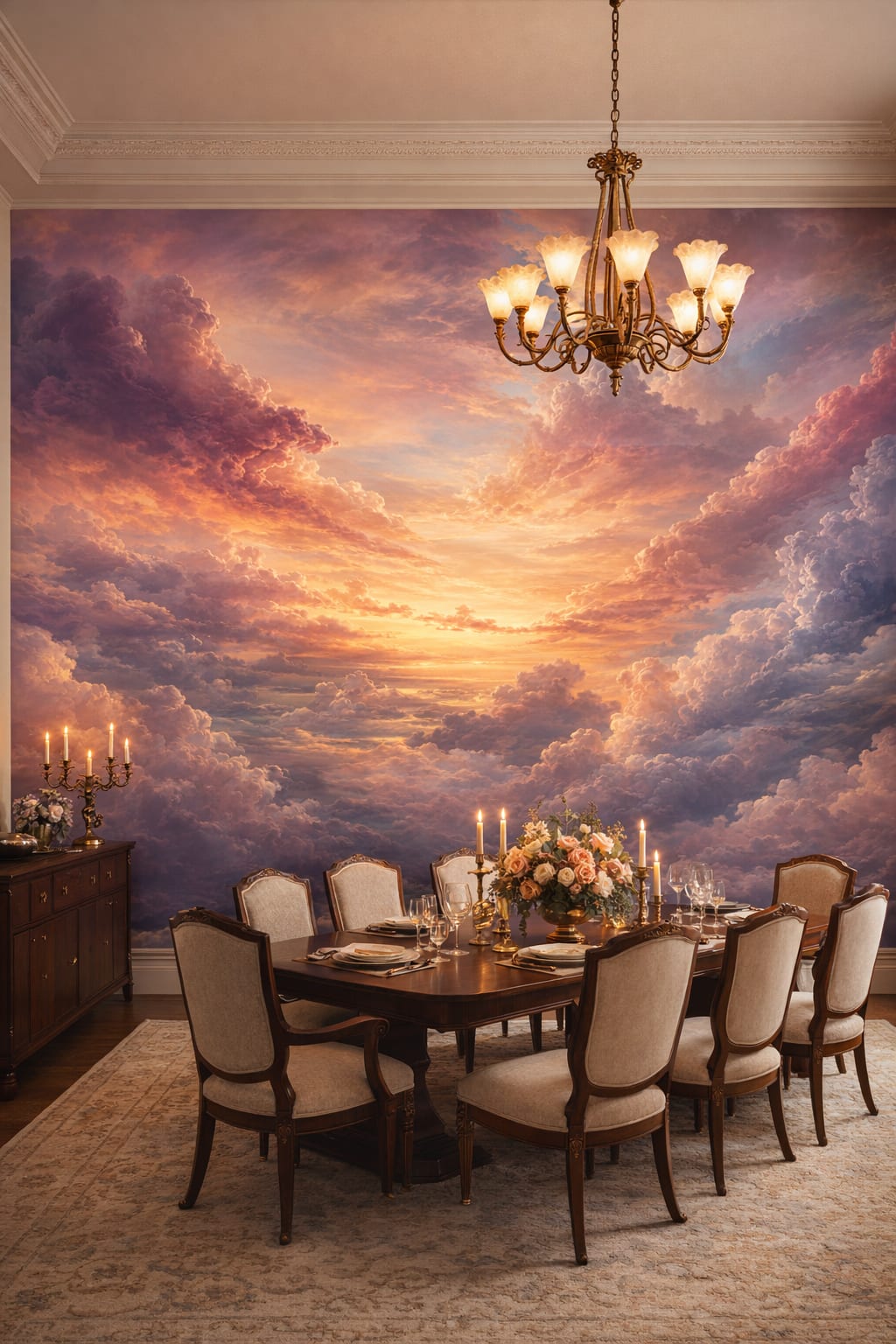 Green cream sunset cloudscape - Wall Mural Peel and Stick Wallpaper for Art Nouveau Formal Dining Room.