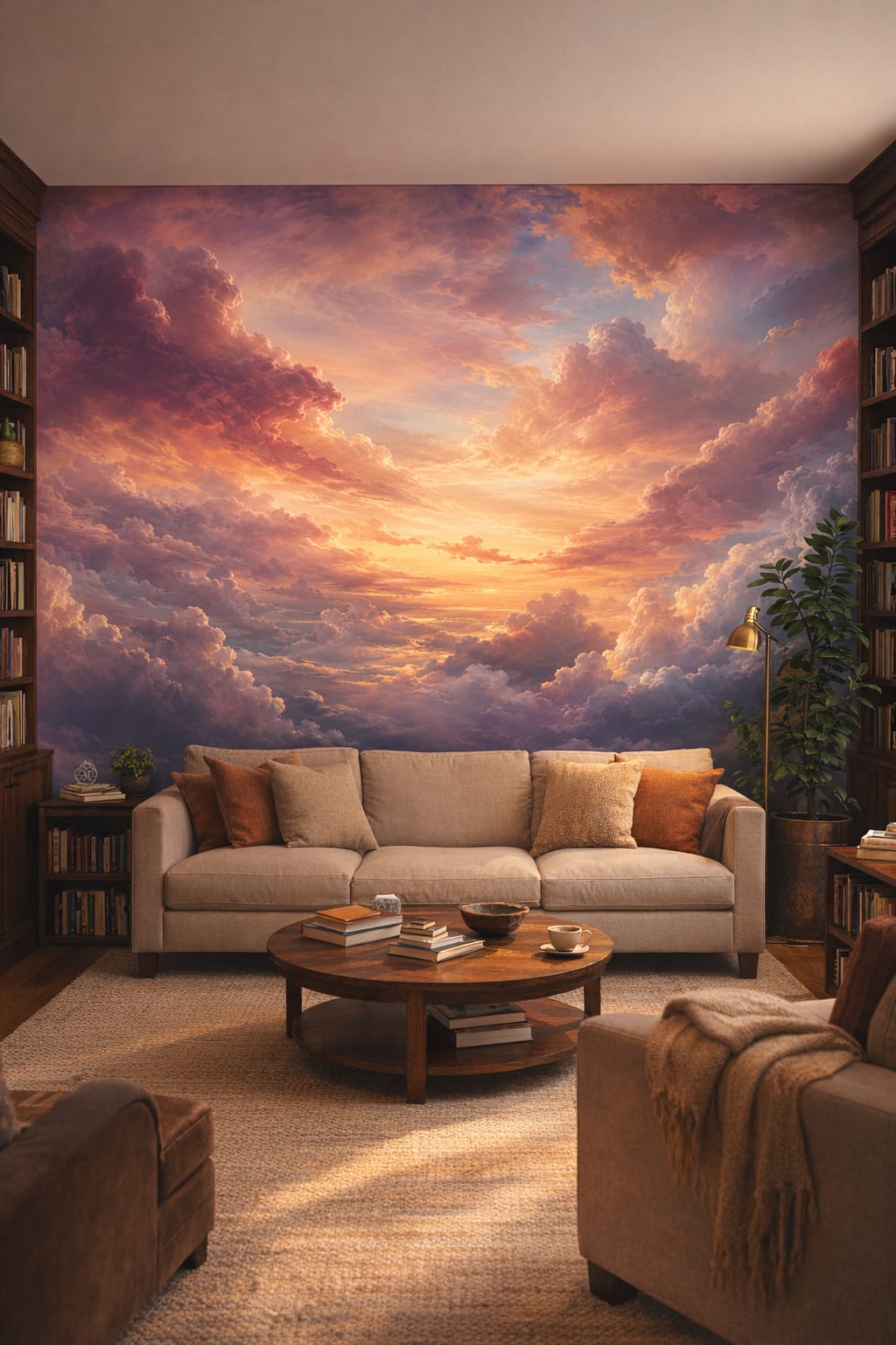 Biophilic green sunset cloudscape - Wall Mural Peel and Stick Wallpaper for Biophilic Design Home Library.