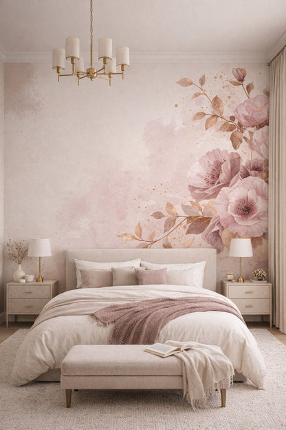 Quiet Luxury greige floral blossoms featuring gold splatter - Wall Mural Peel and Stick Wallpaper for Quiet Luxury Master Bedroom.