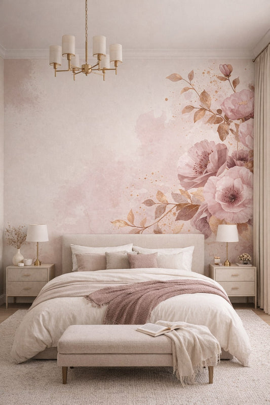 Quiet Luxury greige floral blossoms featuring gold splatter - Wall Mural Peel and Stick Wallpaper for Quiet Luxury Master Bedroom.
