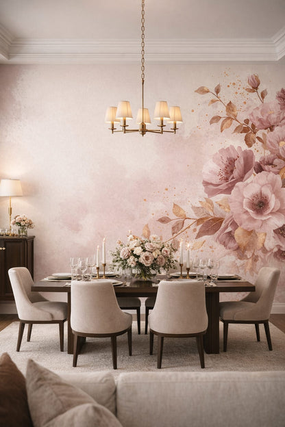 Modern Classic blush floral blossoms featuring gold splatter - Wall Mural Peel and Stick Wallpaper for Modern Classic Formal Dining Room.
