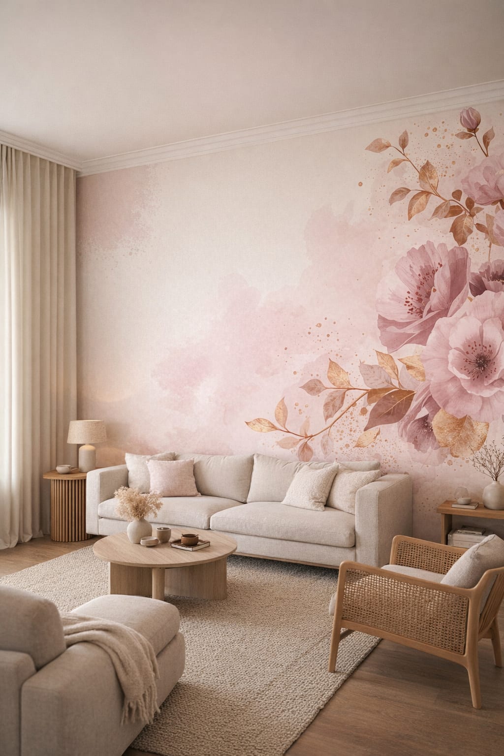 Dusty blush Japandi, sand neutral floral blossoms featuring gold splatter - Wall Mural Peel and Stick Wallpaper for Japandi Living Room.