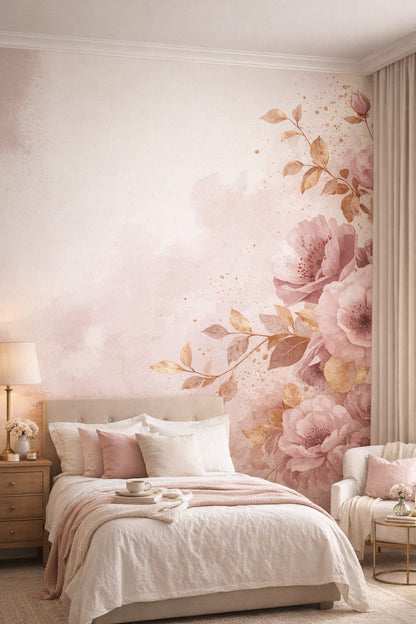 Romantic blush-toned floral blossoms featuring gold splatter - Wall Mural Peel and Stick Wallpaper for Romantic Guest Bedroom.