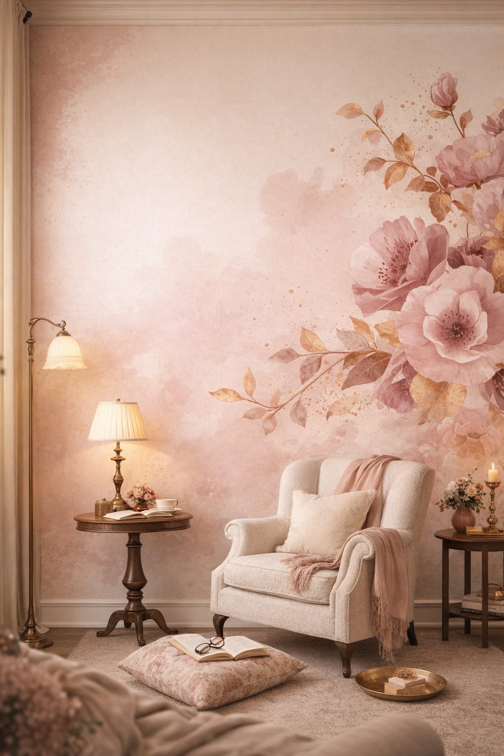 Art Nouveau blush-gold floral blossoms featuring gold splatter - Wall Mural Peel and Stick Wallpaper for Art Nouveau Reading Corner.