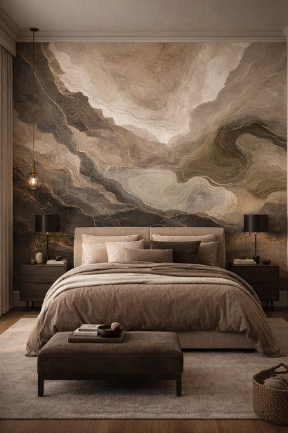 Greige charcoal abstract marble - Wall Mural Peel and Stick Wallpaper for Quiet Luxury Master Bedroom.