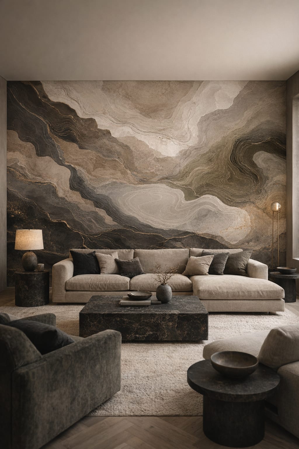 Brutalist gray abstract marble - Wall Mural Peel and Stick Wallpaper for Brutalist Living Room.