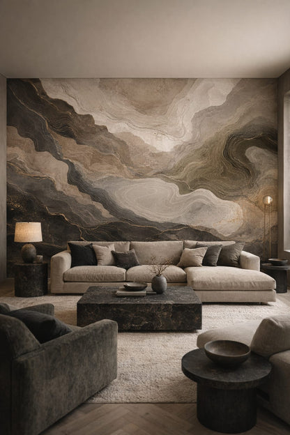 Brutalist gray abstract marble - Wall Mural Peel and Stick Wallpaper for Brutalist Living Room.