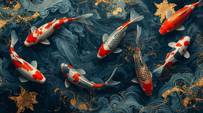 Elegant serene Deep Navy koi fish featuring water swirls and gold floral accents - Wall Mural & Peel and Stick Wallpaper for Fluid Art Interiors and Premium Home Styling