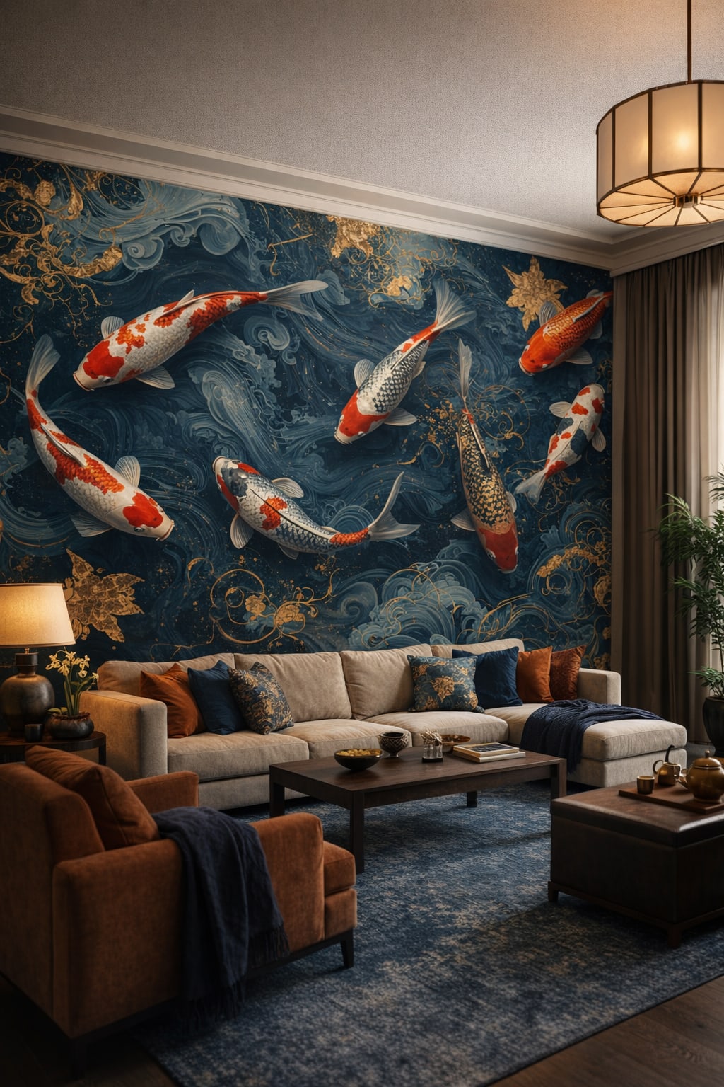 Asian Fusion neutral-black koi fish featuring water swirls - Wall Mural Peel and Stick Wallpaper for Asian Fusion Living Room.