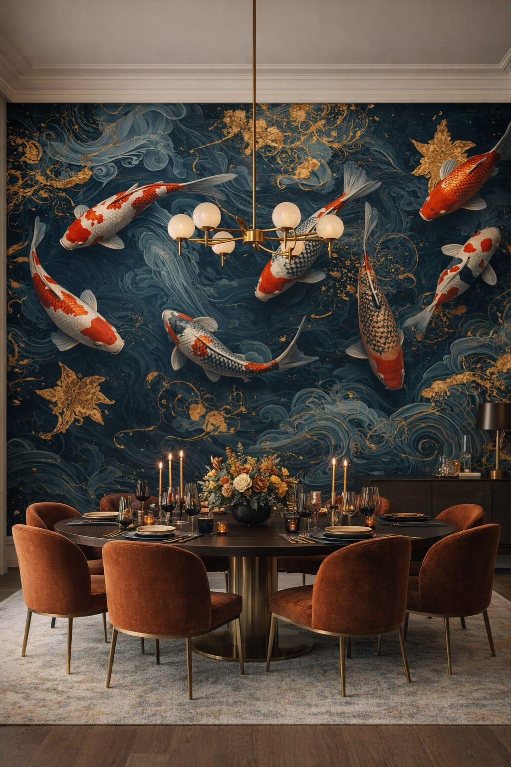 Neutral stone luxe koi fish featuring gold floral accents - Wall Mural Peel and Stick Wallpaper for Luxury Contemporary Formal Dining Room.