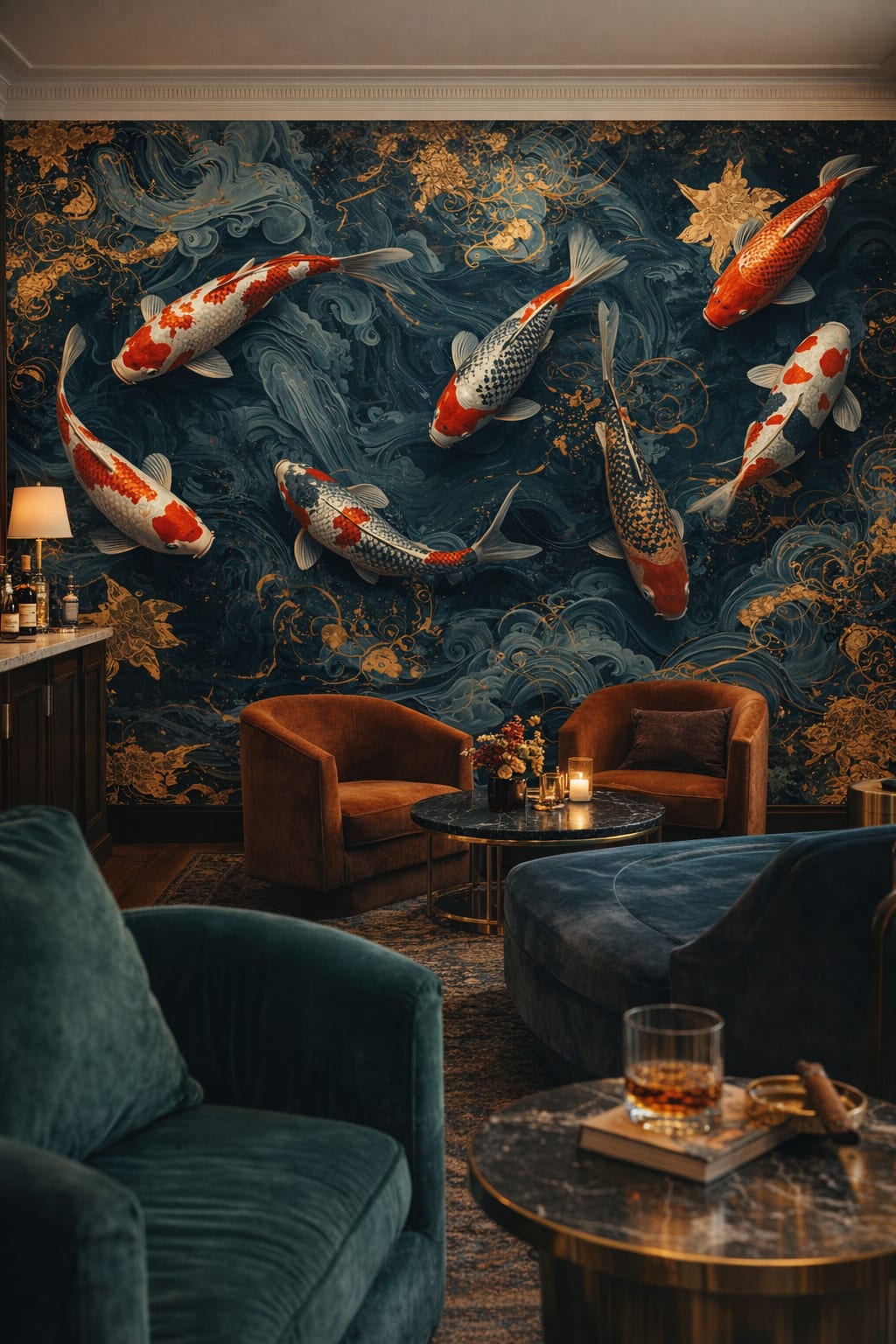 Art Deco black-gold koi fish featuring water swirls - Wall Mural Peel and Stick Wallpaper for Art Deco Bar/Lounge.