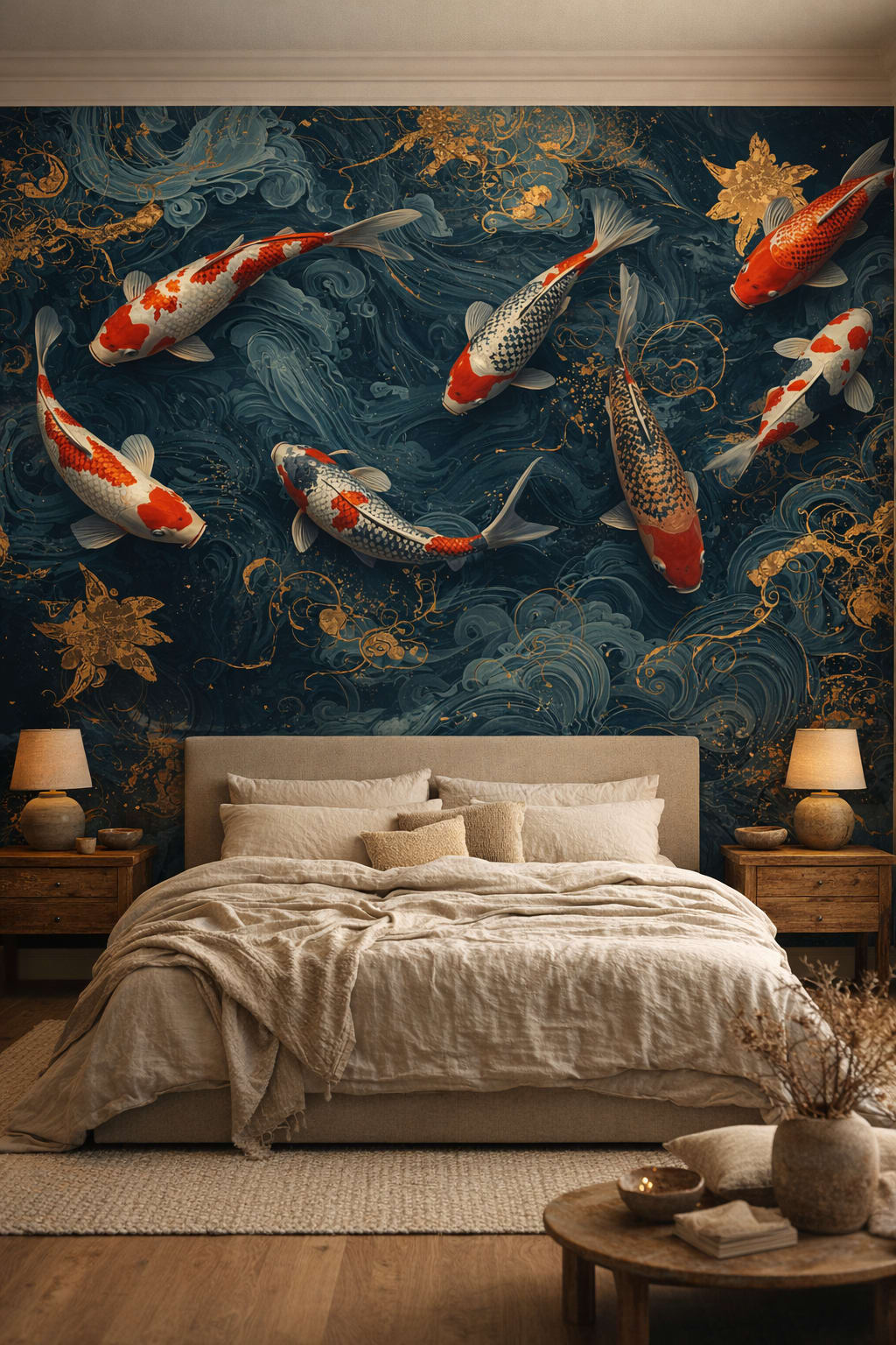 Wabi-sabi earthy-toned koi fish featuring water swirls - Wall Mural Peel and Stick Wallpaper for Wabi-sabi Master Bedroom.