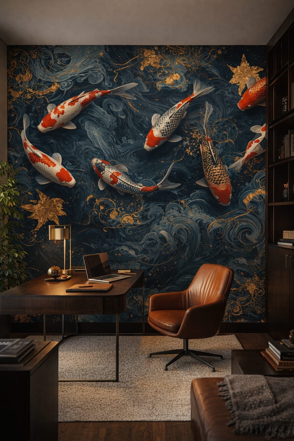 High-tech black-gray koi fish featuring water swirls - Wall Mural Peel and Stick Wallpaper for High-tech Executive Home Office.