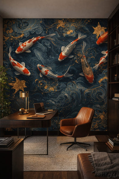 High-tech black-gray koi fish featuring water swirls - Wall Mural Peel and Stick Wallpaper for High-tech Executive Home Office.